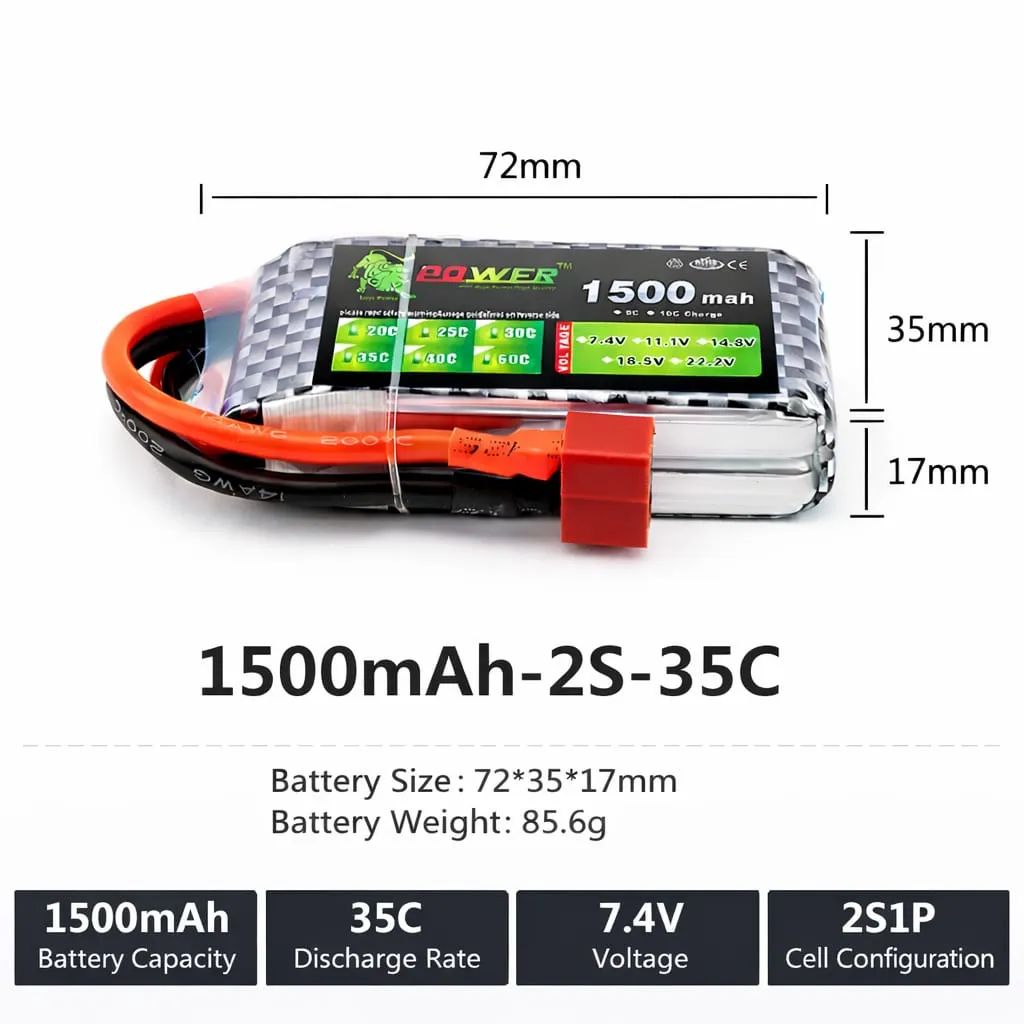 1500mAh 2S 35C Li-Po Battery – 7.4V – T-Plug Connector